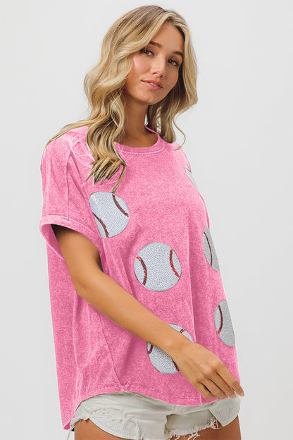 Sequin Baseball T-Shirt in Pink