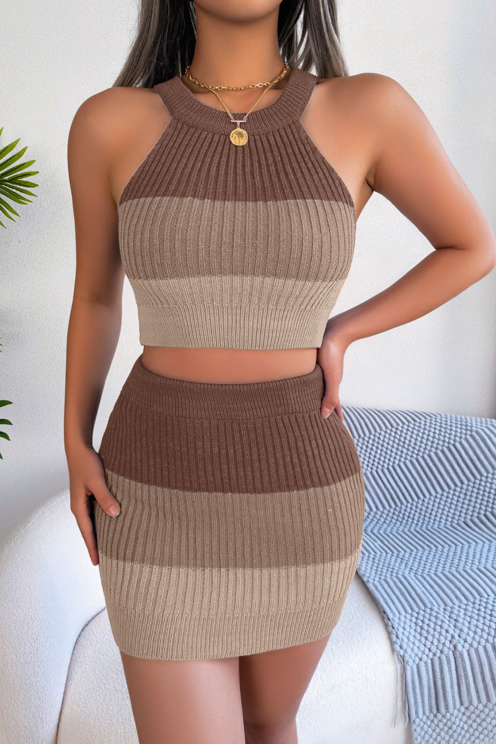 Color Block Knit Crop Top and Skirt Set