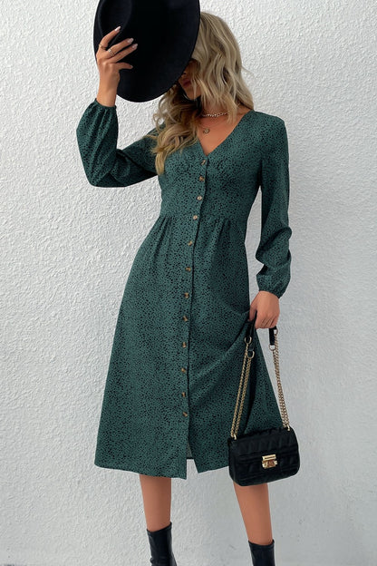 Spotted Button Down V-Neck Midi Dress