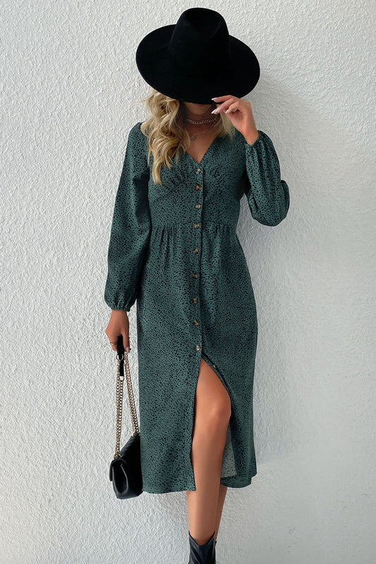 Spotted Button Down V-Neck Midi Dress