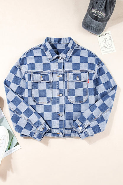 Checkered Button Up Denim Jacket