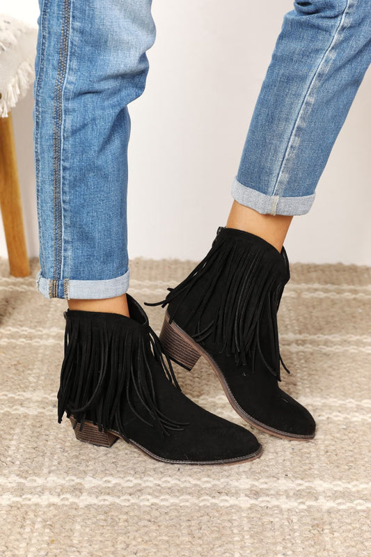 Black Fringe Cowboy Western Ankle Boots