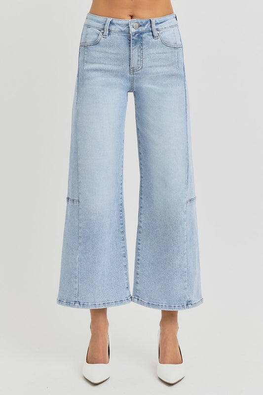 Risen Seamed Detail Wide Leg Crop Jeans