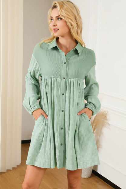 Gauze Buttoned Mini Dress with Pockets
