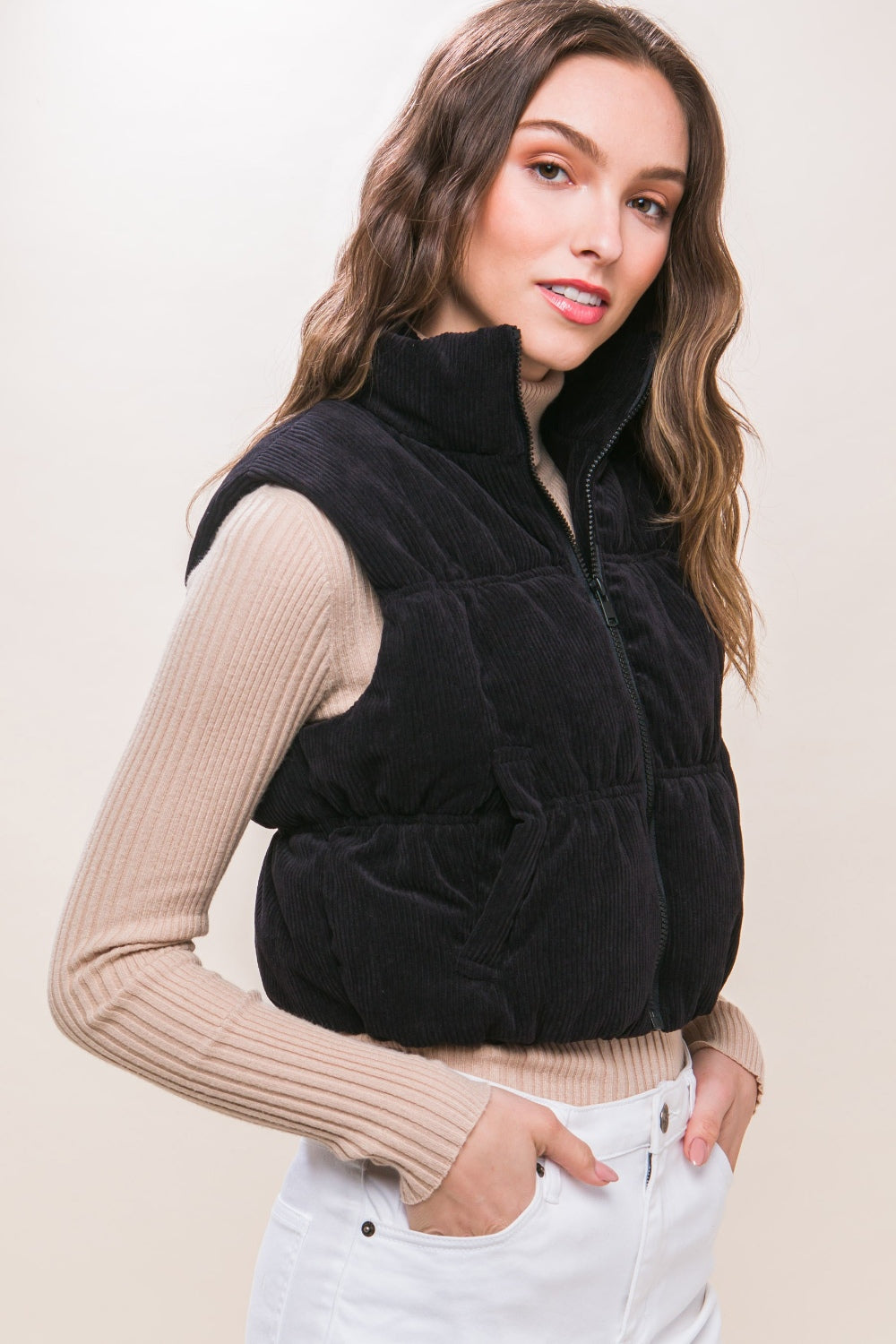 Black Corduroy Puffer Vest with Pockets