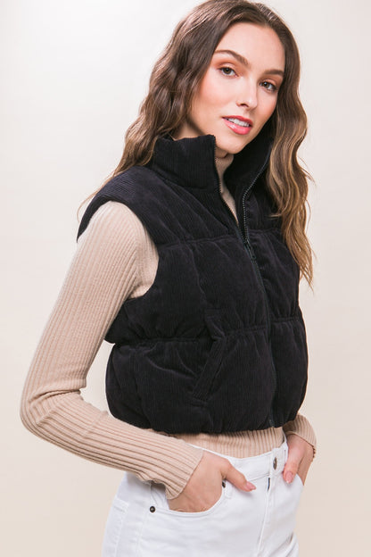 Black Corduroy Puffer Vest with Pockets