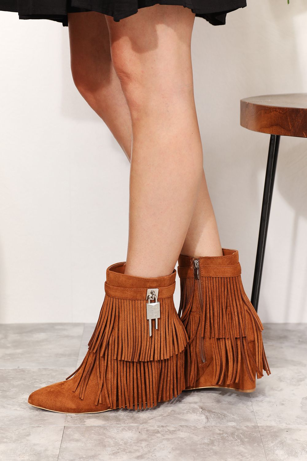 Caramel Tassel Wedge Ankle Booties