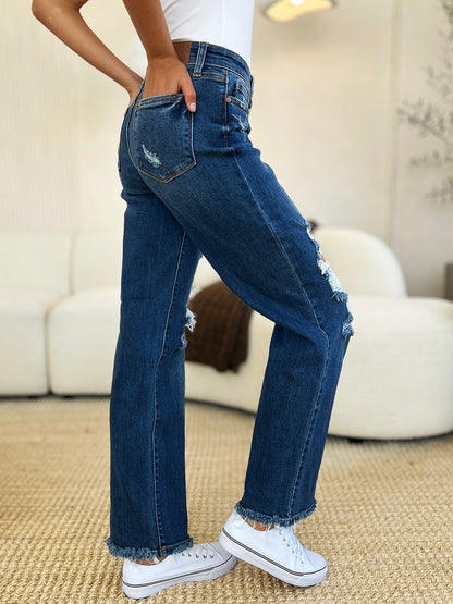 Judy Blue Mid Rise Distressed Raw Hem Jeans