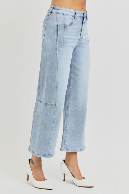 Risen Seamed Detail Wide Leg Crop Jeans