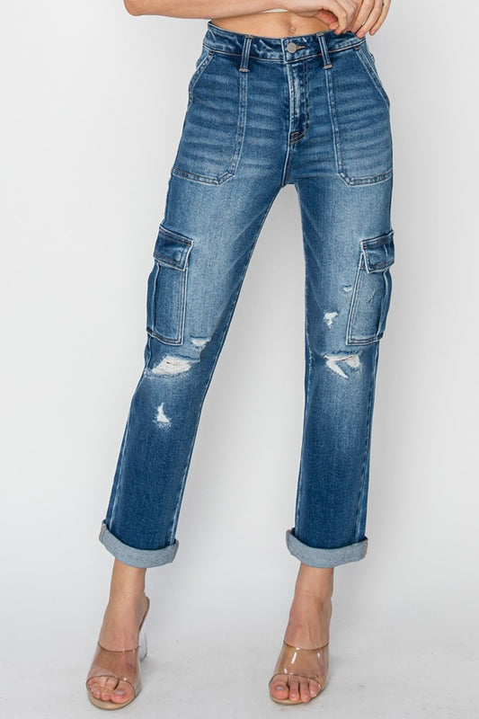 Risen Cargo Ankle Roll Up Straight Jeans