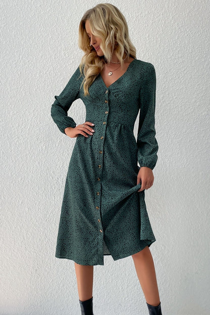 Spotted Button Down V-Neck Midi Dress