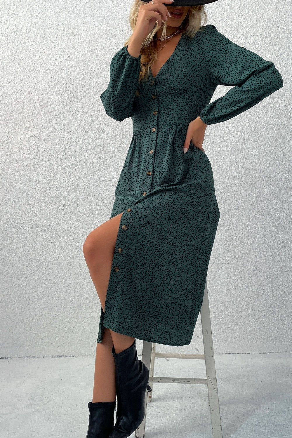 Spotted Button Down V-Neck Midi Dress