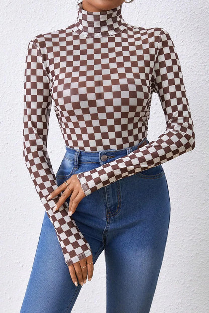 Mesh Checkered Turtleneck Bodysuit