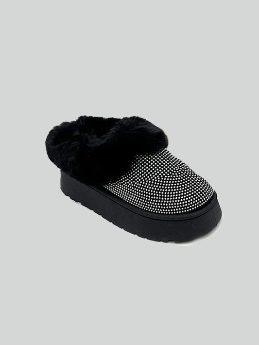 Diva Embellished Fur Slippers in Black