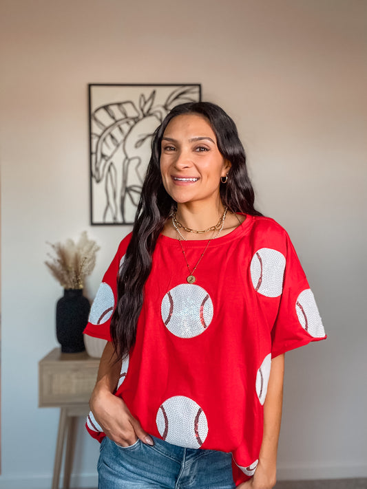 Sequin Baseball T-Shirt in Red