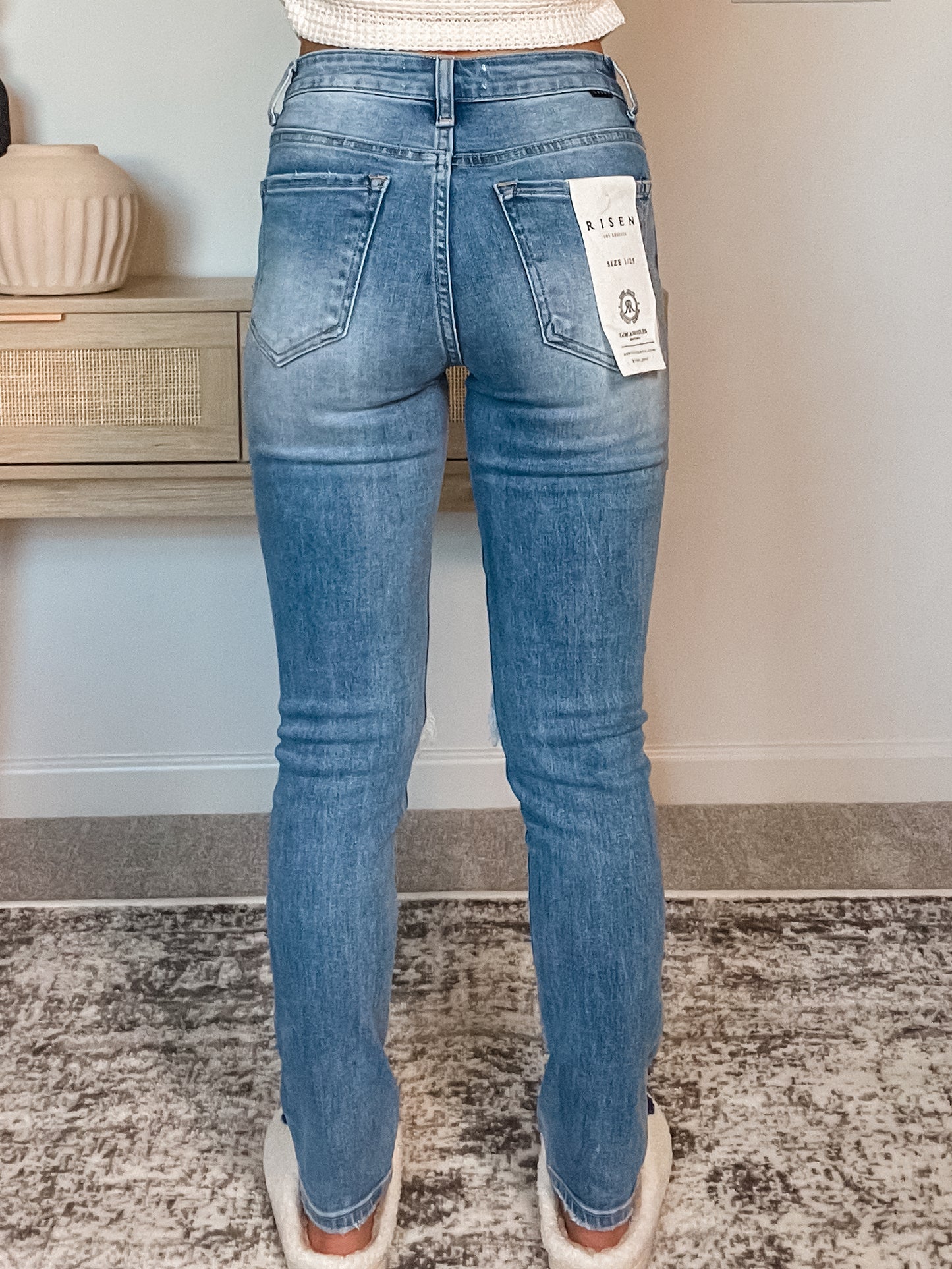 Risen High Rise Knee Distressed Skinny Jeans