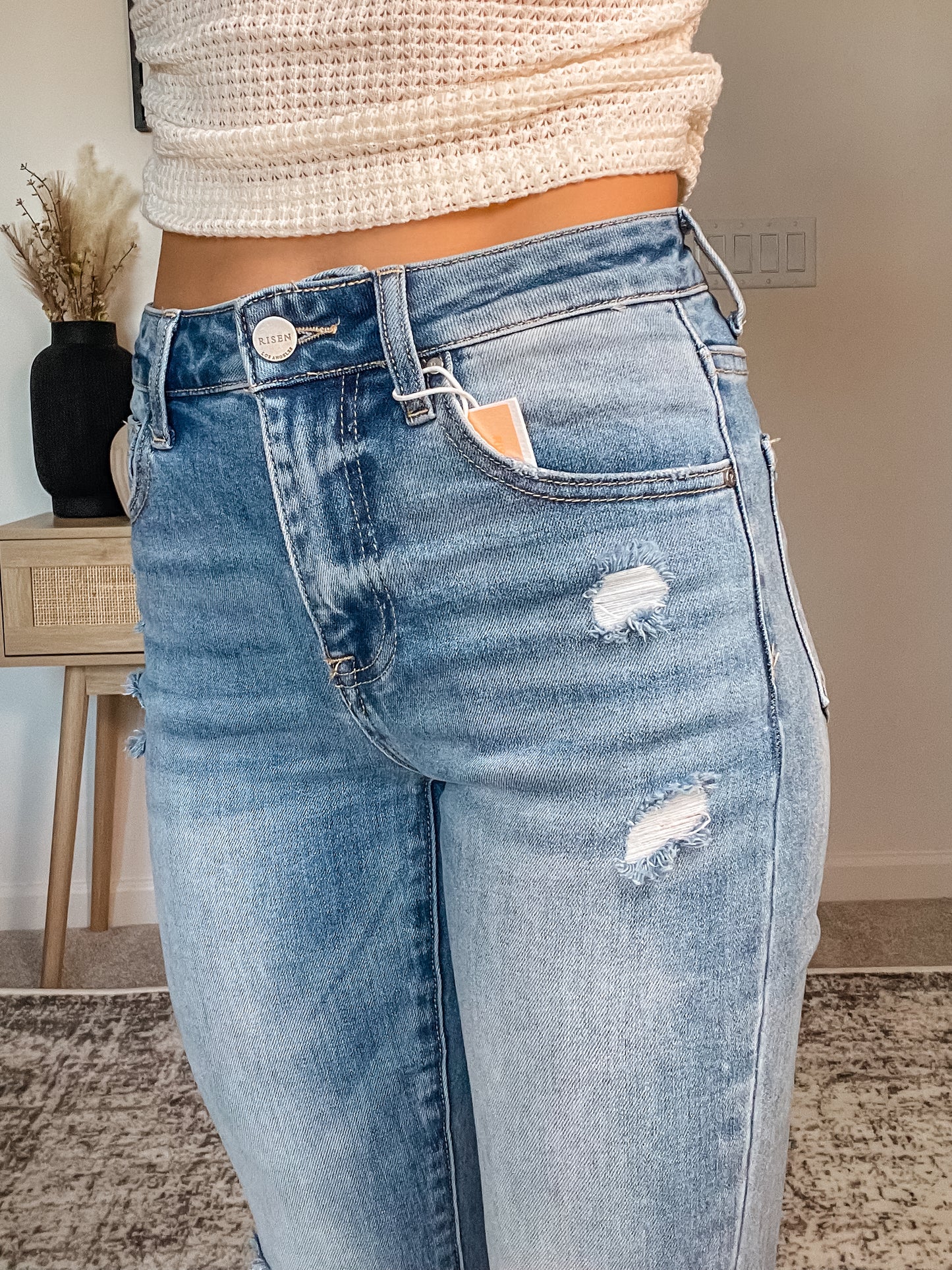 Risen High Rise Knee Distressed Skinny Jeans