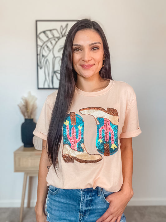 Sequin Western Boots Graphic Tee