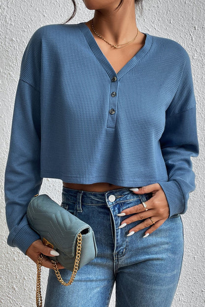 Waffle Knit Cropped Long Sleece Top