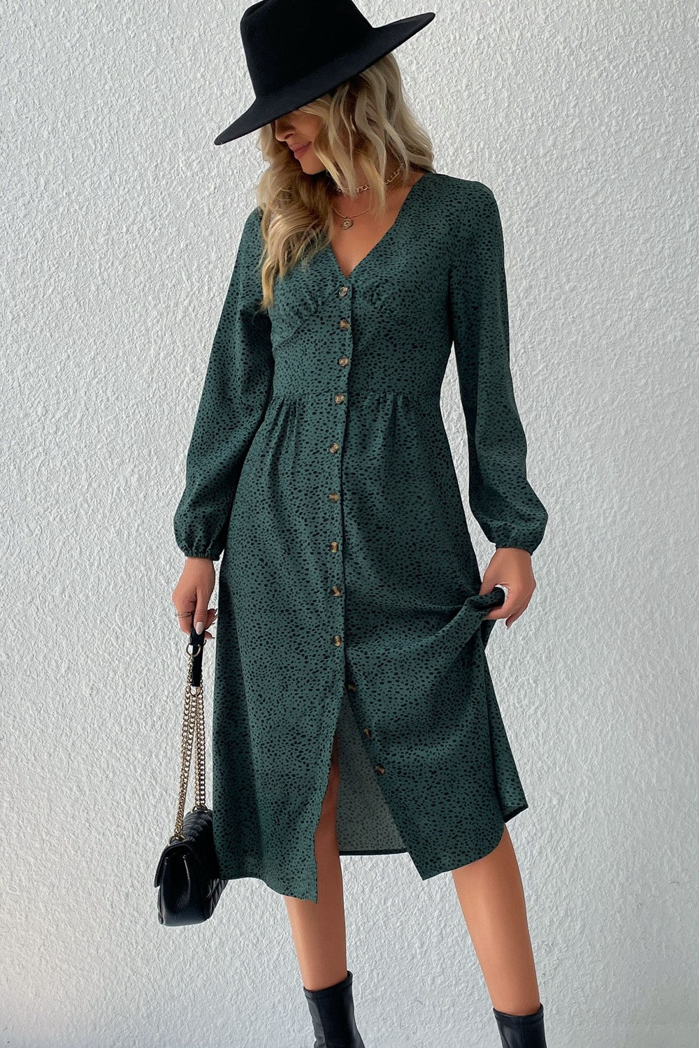 Spotted Button Down V-Neck Midi Dress