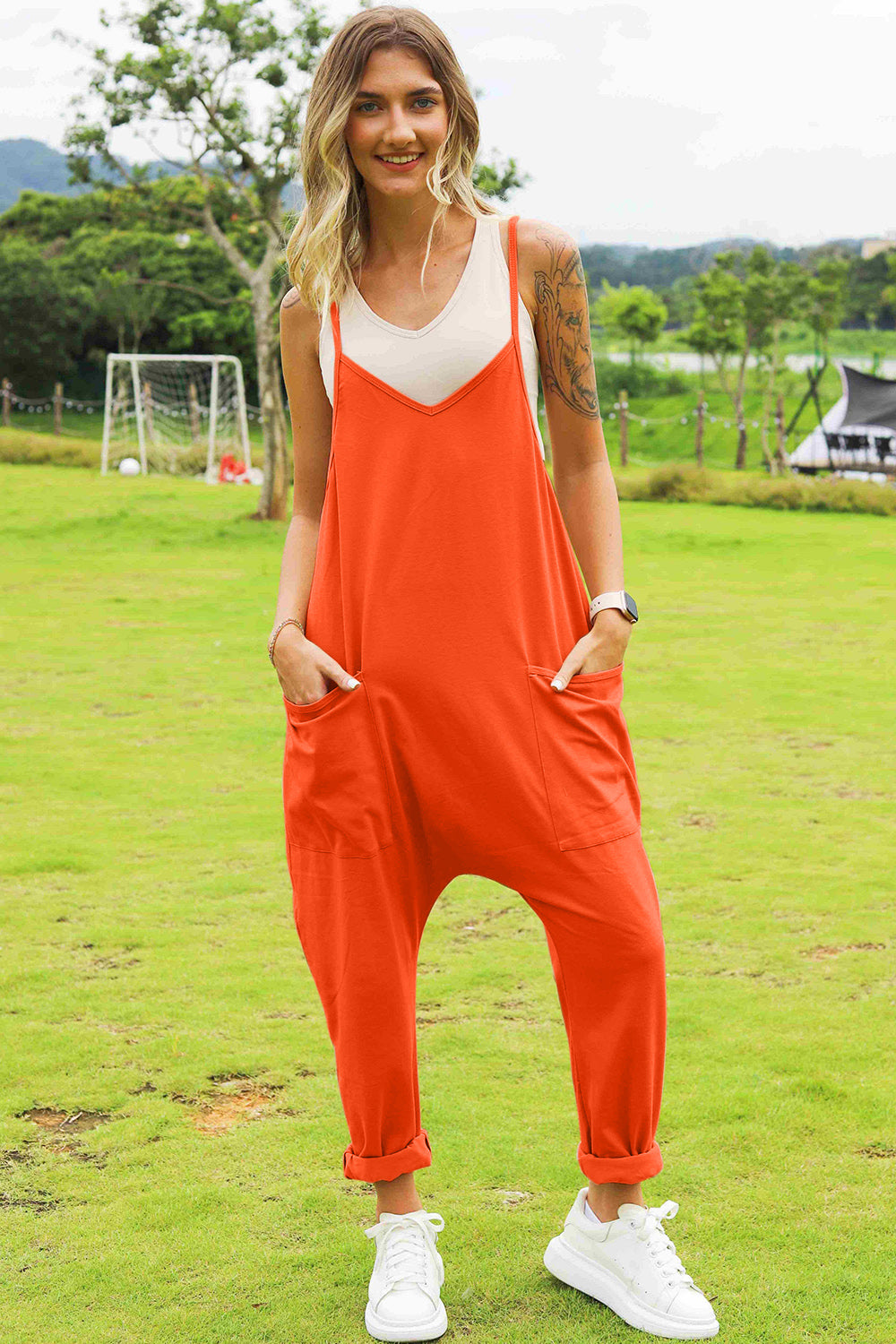 Sleeveless V-Neck Pocketed Jumpsuit