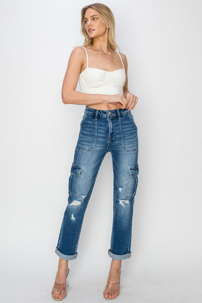 Risen Cargo Ankle Roll Up Straight Jeans