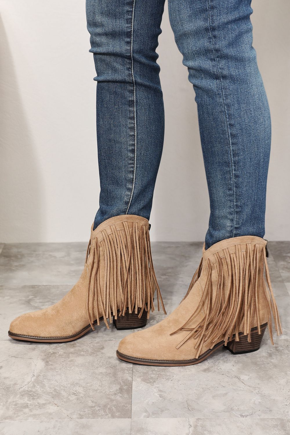 Khaki Fringe Cowboy Western Ankle Boots