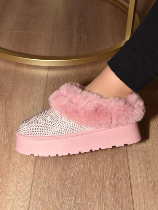 Diva Embellished Fur Slippers in Pink