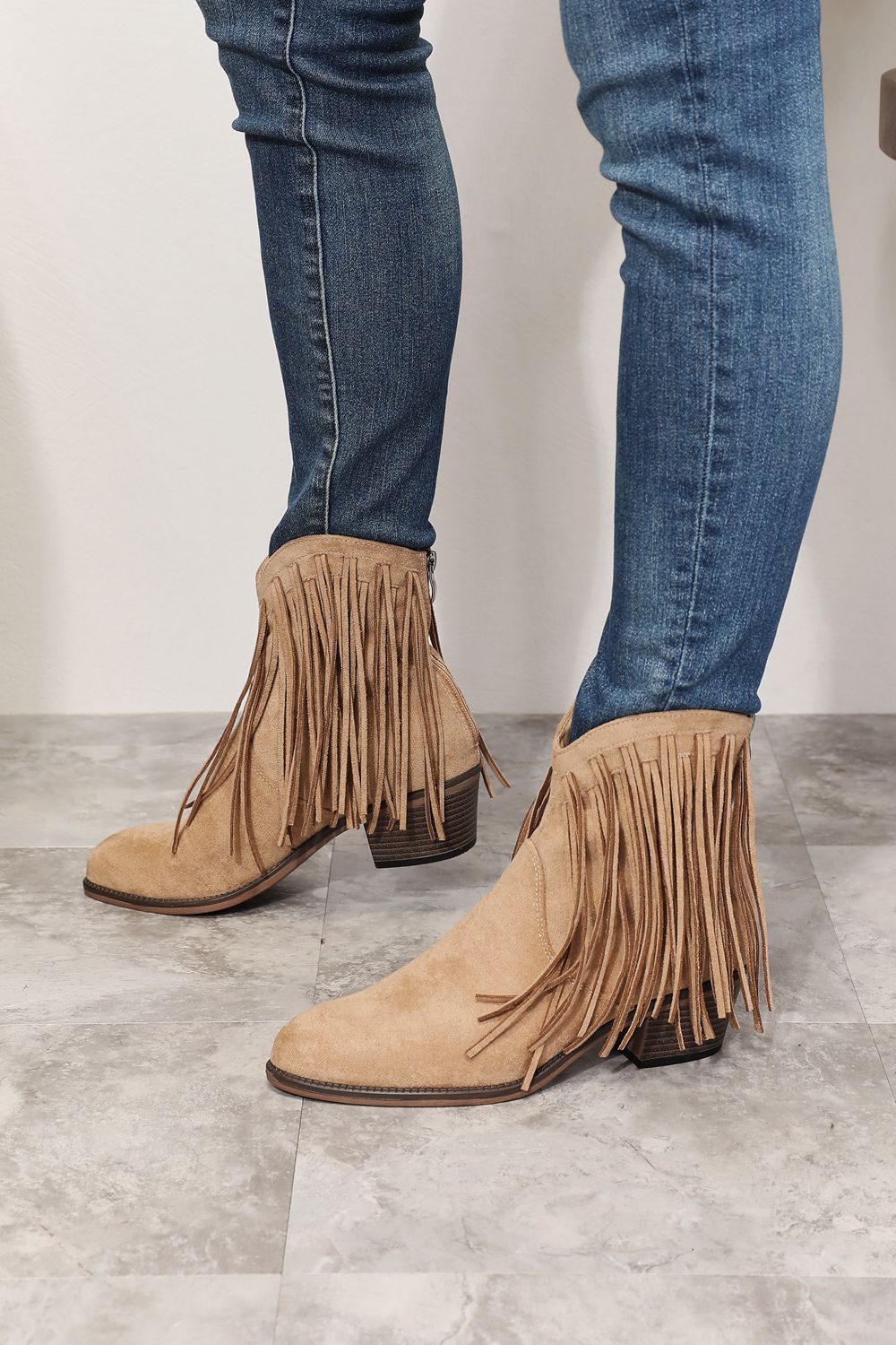 Khaki Fringe Cowboy Western Ankle Boots