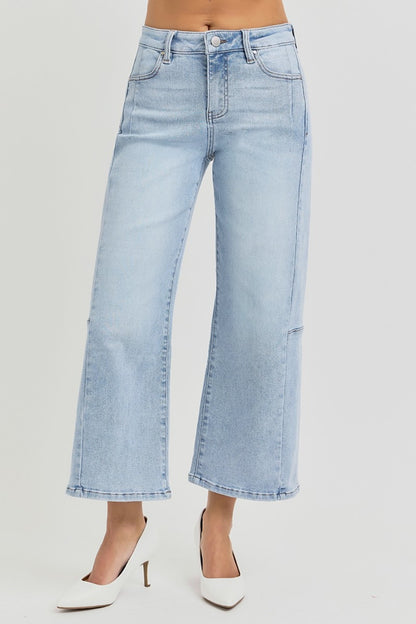 Risen Seamed Detail Wide Leg Crop Jeans