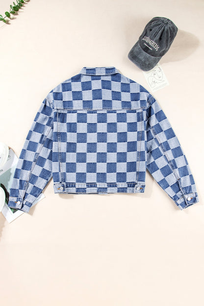 Checkered Button Up Denim Jacket