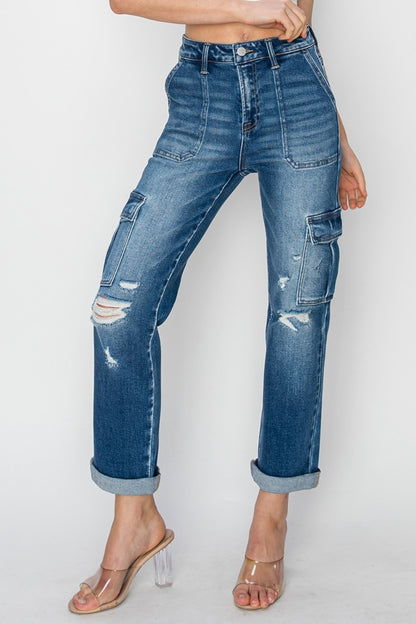 Risen Cargo Ankle Roll Up Straight Jeans