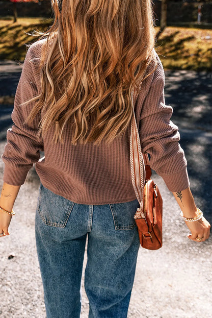 Waffle-Knit Long Sleeve Button Top